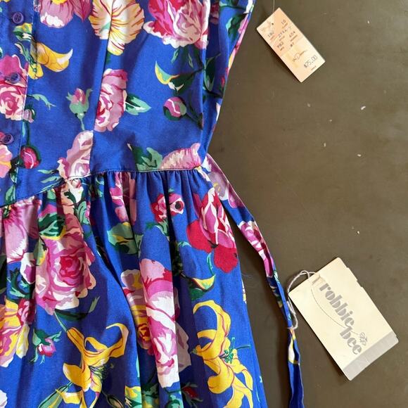 Vintage Deadstock 80s Robbie Bee Rose Floral Waist Midi Swing Dress Tie Back - Picture 6 of 7